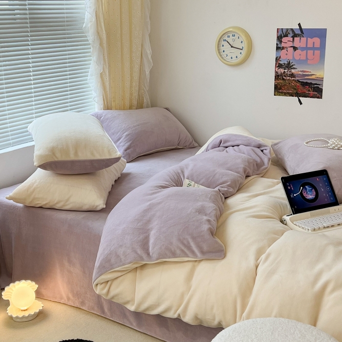 91家纺网 家纺一手货源 找家纺 昔可家纺2023新款奶油纯色系列双拼牛奶绒四件套 奶缇米紫