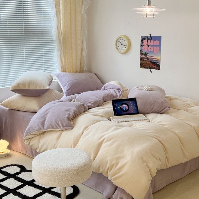 91家纺网 家纺一手货源 找家纺 昔可家纺 2023新款奶油纯色系列双拼牛奶绒四件套 奶缇米紫