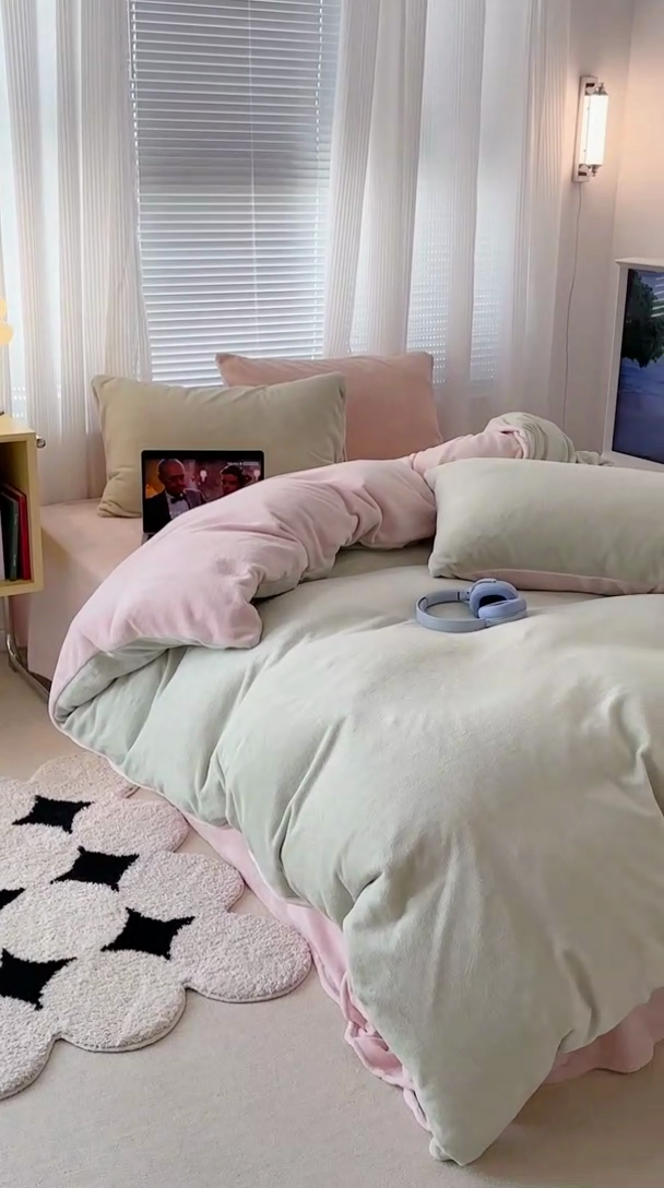 91家纺网 家纺一手货源 找家纺 昔可家纺2023新款奶油纯色系列双拼牛奶绒四件套 蜜瓜奶昔