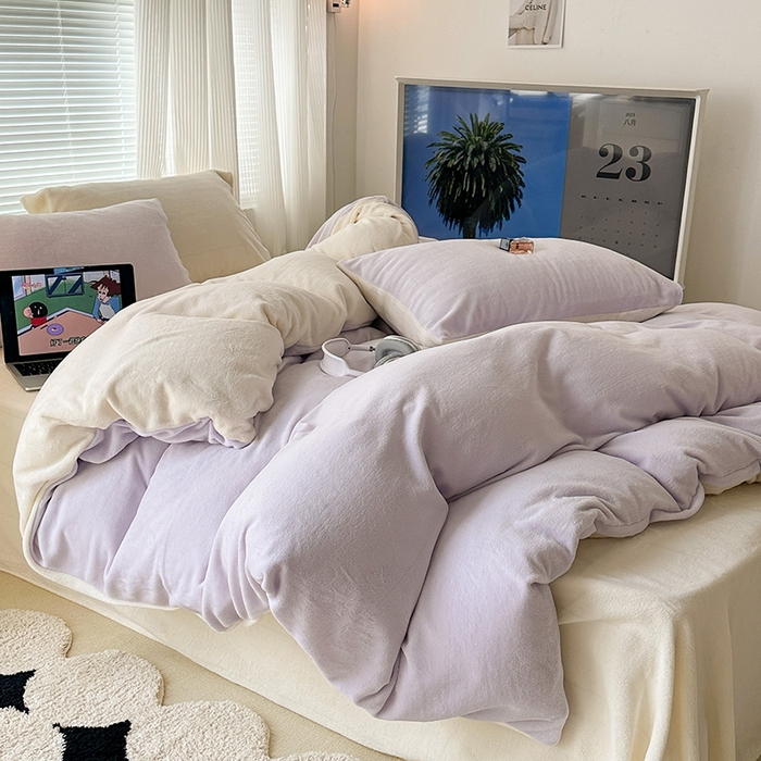 91家纺网 家纺一手货源 找家纺 昔可家纺2023新款奶油纯色系列双拼牛奶绒四件套 芋泥波波