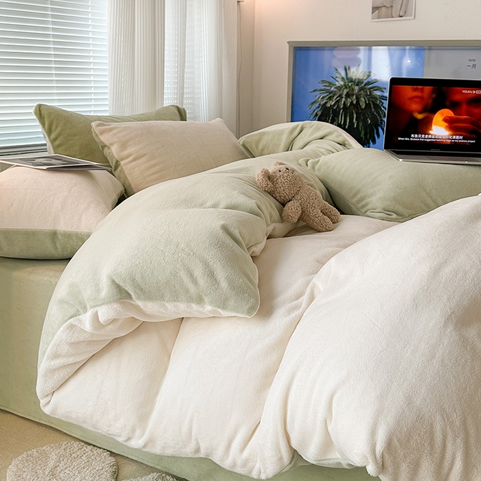 91家纺网 家纺一手货源 找家纺 昔可家纺2023新款奶油纯色系列双拼牛奶绒四件套 茉莉奶绿