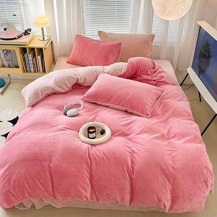昔可家纺2023新款奶油纯色系列双拼牛奶绒四件套 树莓粉拼粉