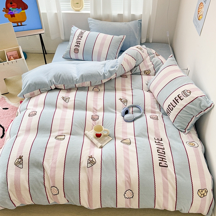 91家纺网 家纺一手货源 找家纺 昔可家纺 2023新款大版数码印花保暖牛奶绒四件套 美食派对