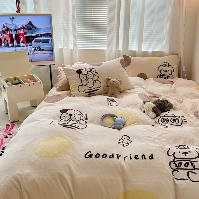 91家纺网 家纺一手货源 找家纺 昔可家纺 2023新款大版数码印花保暖牛奶绒四件套 狗狗厨师