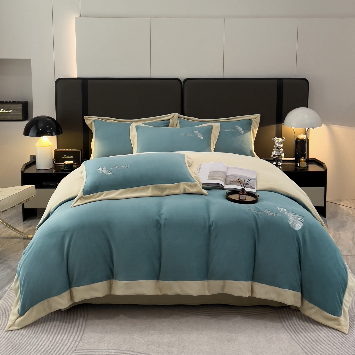 91家纺网 家纺一手货源 找家纺 露梦 2025新款加厚保暖牛奶绒刺绣款四件套-轻羽（风格一） 轻羽-青霜绿