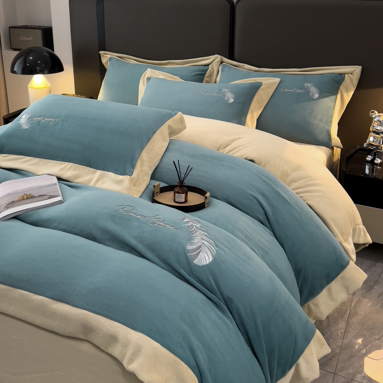 91家纺网 家纺一手货源 找家纺 露梦 2025新款加厚保暖牛奶绒刺绣款四件套-轻羽（风格一） 轻羽-青霜绿