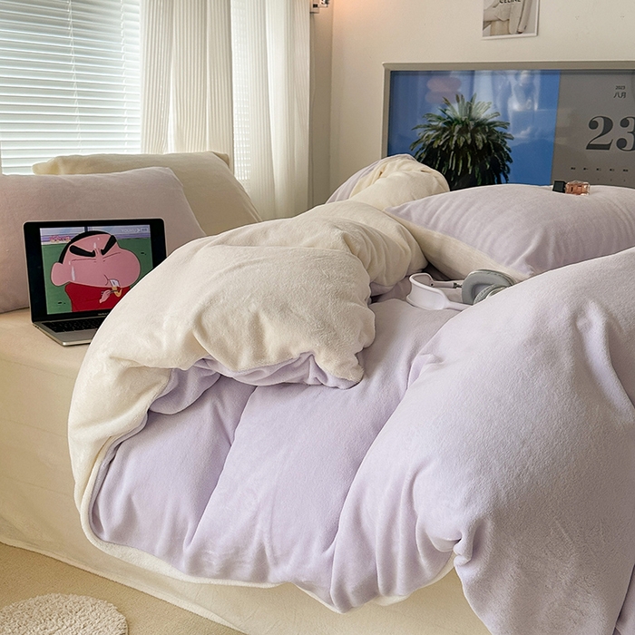 91家纺网 家纺一手货源 找家纺 昔可家纺 2023新款奶油纯色系列双拼牛奶绒四件套 芋泥波波