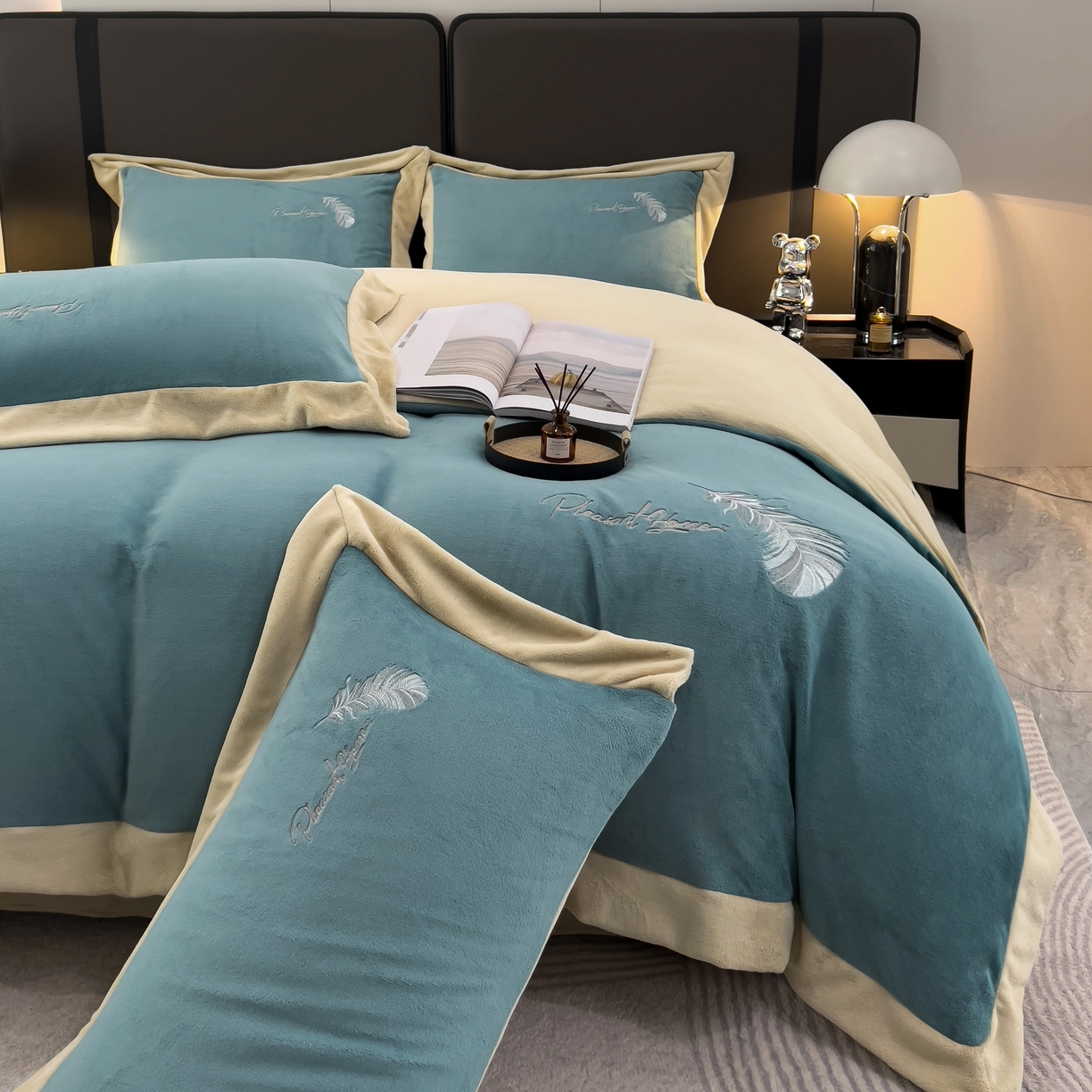 91家纺网 家纺一手货源 找家纺 露梦 2025新款加厚保暖牛奶绒刺绣款四件套-轻羽（风格一） 轻羽-青霜绿