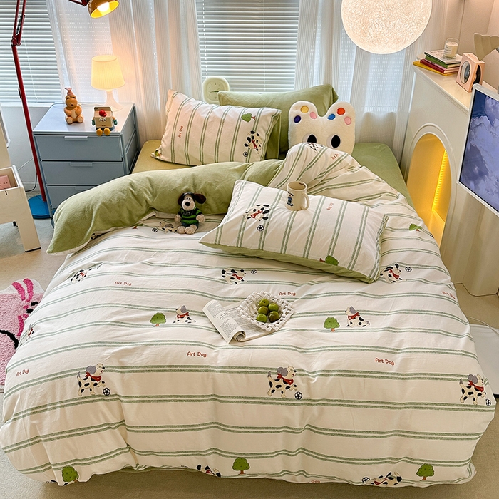 91家纺网 家纺一手货源 找家纺 昔可家纺 2023新款y2k卡通印花系列棉加绒四件套 绿条狗狗