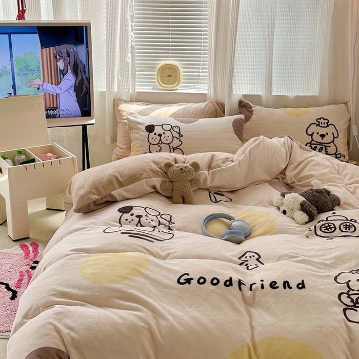 91家纺网 家纺一手货源 找家纺 昔可家纺 2023新款大版数码印花保暖牛奶绒四件套 狗狗厨师