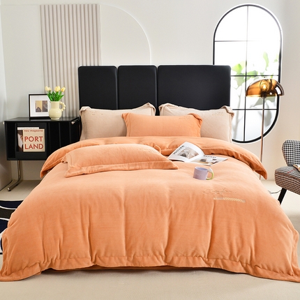 91家纺网 家纺一手货源 找家纺 席之家 2024新款A类纯色加厚牛奶绒四件套 赤红桔