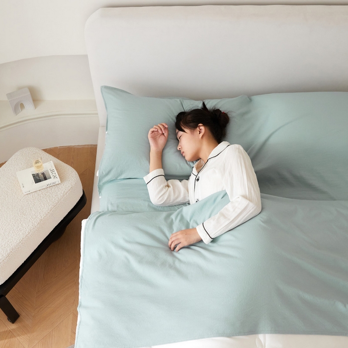 91家纺网 家纺一手货源 找家纺 荣轩家居 2023新款泡泡纱睡袋 湖蓝