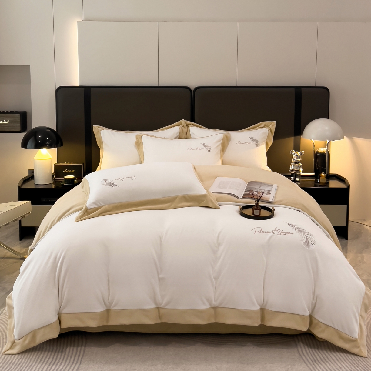 91家纺网 家纺一手货源 找家纺 露梦 2025新款加厚保暖牛奶绒刺绣款四件套-轻羽（风格一） 轻羽-贝壳白