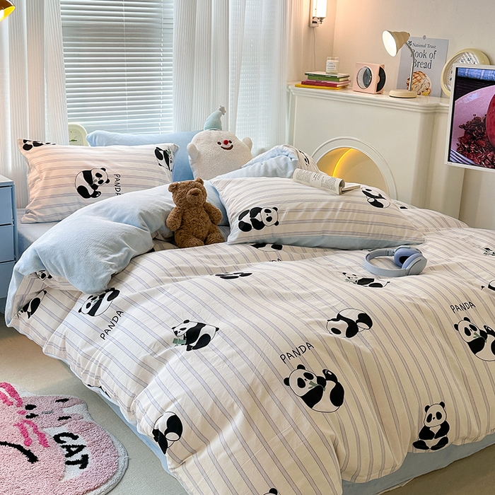 91家纺网 家纺一手货源 找家纺 昔可家纺 2023新款y2k卡通印花系列棉加绒四件套 呆萌熊猫