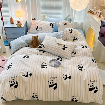 昔可家纺 2023新款y2k卡通印花系列棉加绒四件套 呆萌熊猫