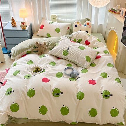昔可家纺 2023新款y2k卡通印花系列棉加绒四件套 红绿苹果