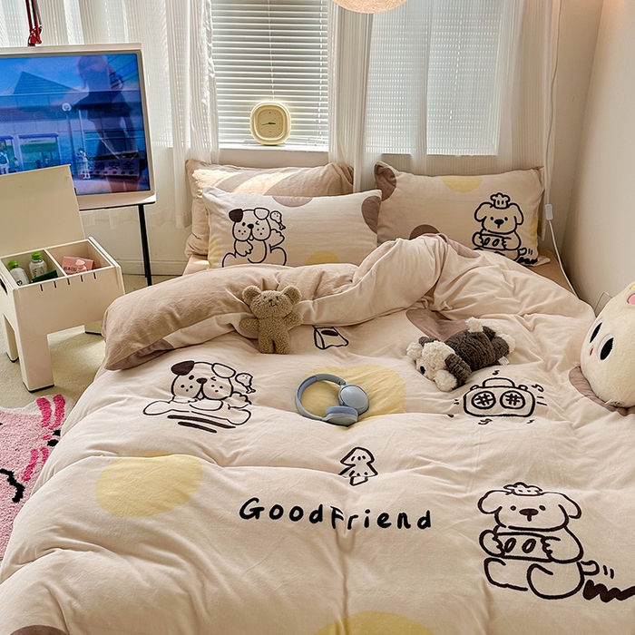 91家纺网 家纺一手货源 找家纺 昔可家纺 2023新款大版数码印花保暖牛奶绒四件套 狗狗厨师