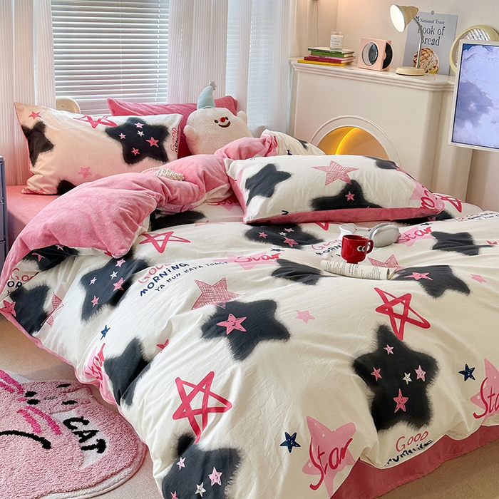 91家纺网 家纺一手货源 找家纺 昔可家纺 2023新款y2k卡通印花系列棉加绒四件套 y2k星星