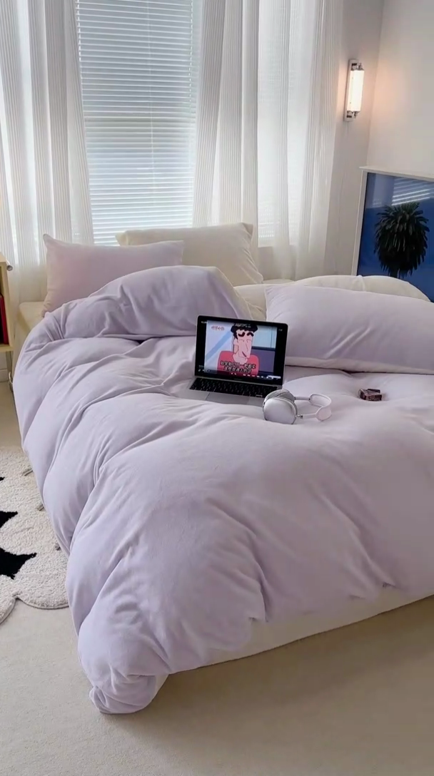 91家纺网 家纺一手货源 找家纺 昔可家纺2023新款奶油纯色系列双拼牛奶绒四件套 芋泥波波