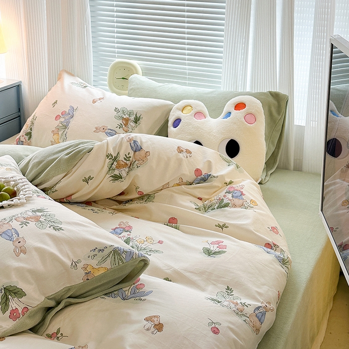 91家纺网 家纺一手货源 找家纺 昔可家纺 2023新款y2k卡通印花系列棉加绒四件套 花丛兔兔