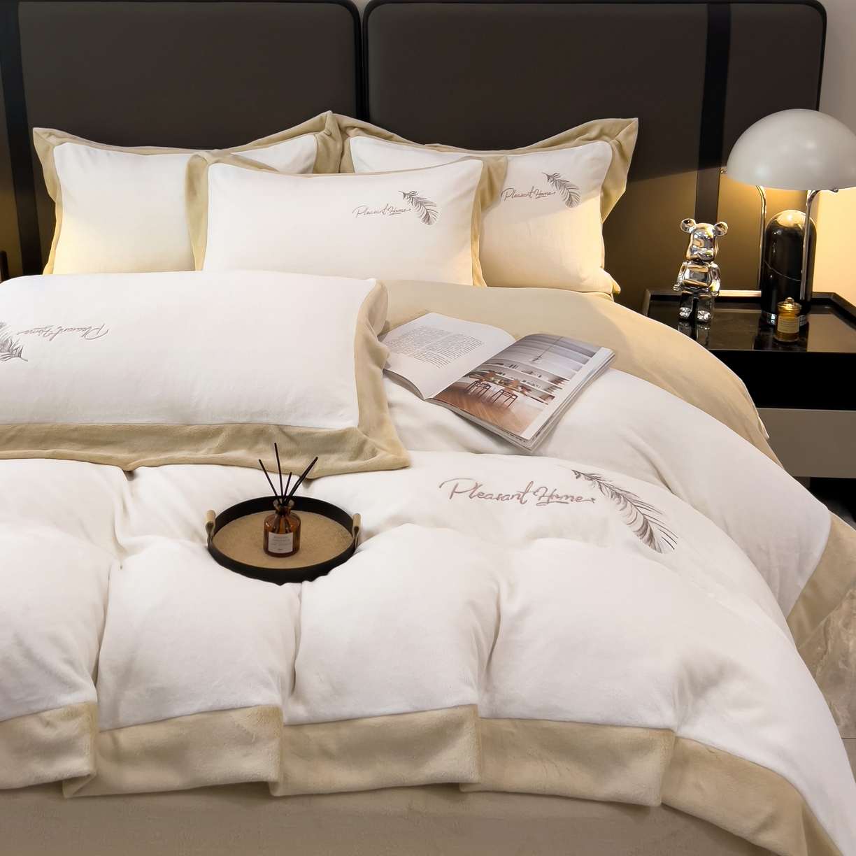 91家纺网 家纺一手货源 找家纺 露梦 2025新款加厚保暖牛奶绒刺绣款四件套-轻羽（风格一） 轻羽-贝壳白