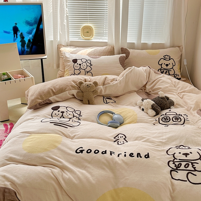 91家纺网 家纺一手货源 找家纺 昔可家纺 2023新款大版数码印花保暖牛奶绒四件套 狗狗厨师