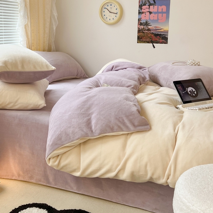 91家纺网 家纺一手货源 找家纺 昔可家纺 2023新款奶油纯色系列双拼牛奶绒四件套 奶缇米紫