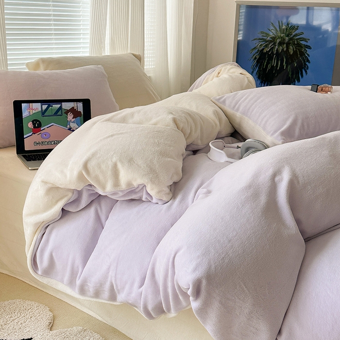 91家纺网 家纺一手货源 找家纺 昔可家纺2023新款奶油纯色系列双拼牛奶绒四件套 芋泥波波