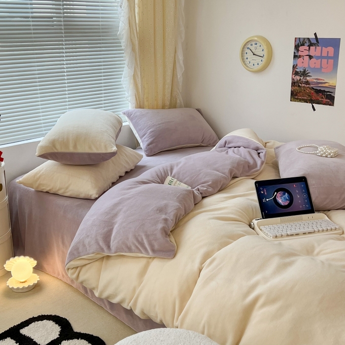 91家纺网 家纺一手货源 找家纺 昔可家纺2023新款奶油纯色系列双拼牛奶绒四件套 奶缇米紫