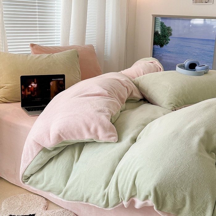 91家纺网 家纺一手货源 找家纺 昔可家纺2023新款奶油纯色系列双拼牛奶绒四件套 蜜瓜奶昔