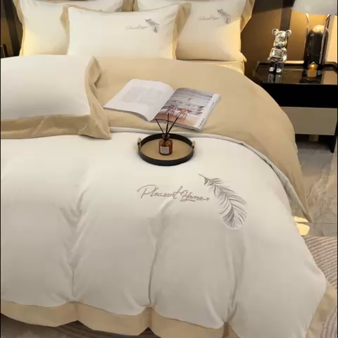 91家纺网 家纺一手货源 找家纺 露梦 2025新款加厚保暖牛奶绒刺绣款四件套-轻羽（风格一） 轻羽-贝壳白