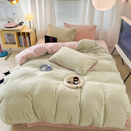 91家纺网 家纺一手货源 找家纺 昔可家纺2023新款奶油纯色系列双拼牛奶绒四件套 蜜瓜奶昔