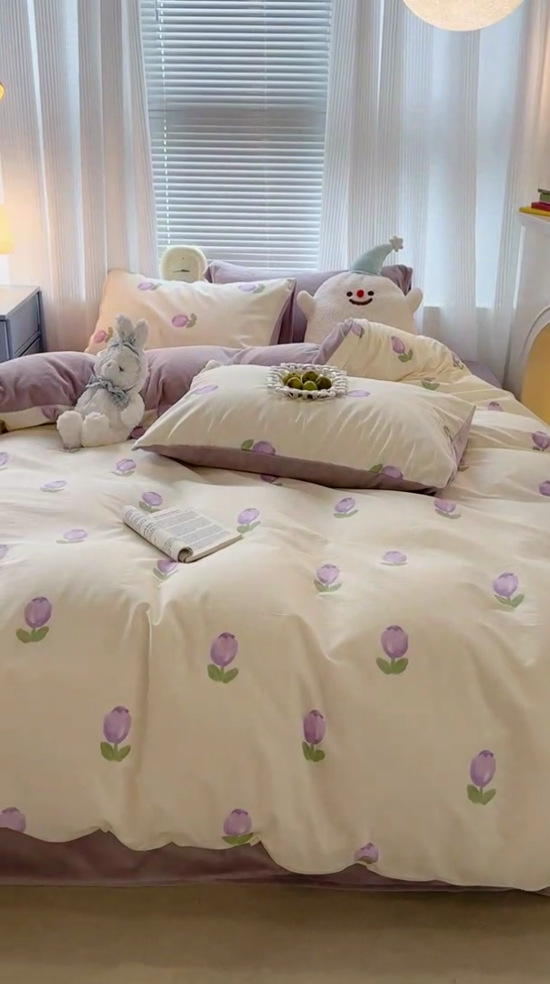 91家纺网 家纺一手货源 找家纺 昔可家纺 2023新款y2k卡通印花系列棉加绒四件套 紫色郁金香