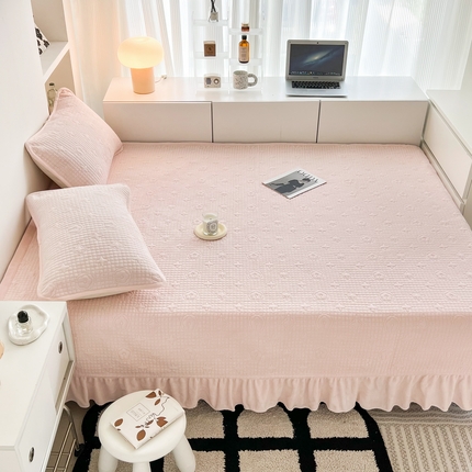 茉夕家纺 2023新款高温砂洗工艺款轻奢牛奶绒花边款水洗床盖 轻奢-奶油粉花边款