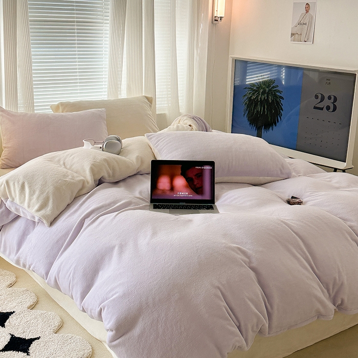 91家纺网 家纺一手货源 找家纺 昔可家纺 2023新款奶油纯色系列双拼牛奶绒四件套 芋泥波波