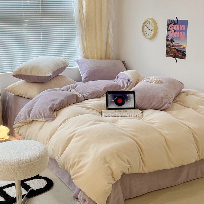 91家纺网 家纺一手货源 找家纺 昔可家纺2023新款奶油纯色系列双拼牛奶绒四件套 奶缇米紫