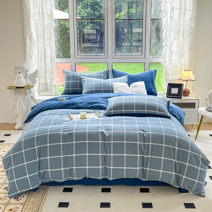 91家纺网 家纺一手货源 找家纺 （总）柠萌家居 2023新款全棉色织水洗棉加牛奶绒四件套全棉拼牛奶绒