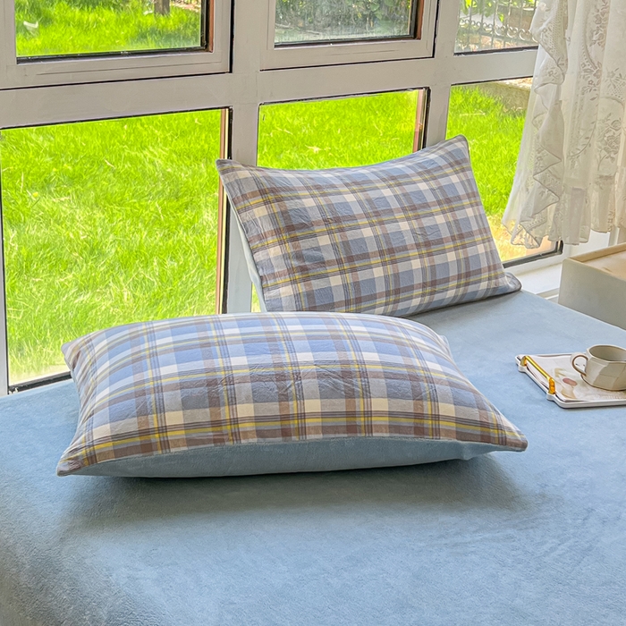 91家纺网 家纺一手货源 找家纺 柠萌家居 2023新款全棉色织水洗棉加牛奶绒四件套全棉拼牛奶绒 棉+绒-简兮蓝