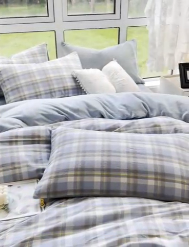 91家纺网 家纺一手货源 找家纺 柠萌家居 2023新款全棉色织水洗棉加牛奶绒四件套全棉拼牛奶绒 棉+绒-简兮蓝