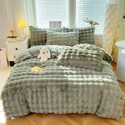 91家纺网 家纺一手货源 找家纺 妖妖 2023新款兔毛牛奶绒四件套-泡芙 泡芙-水绿