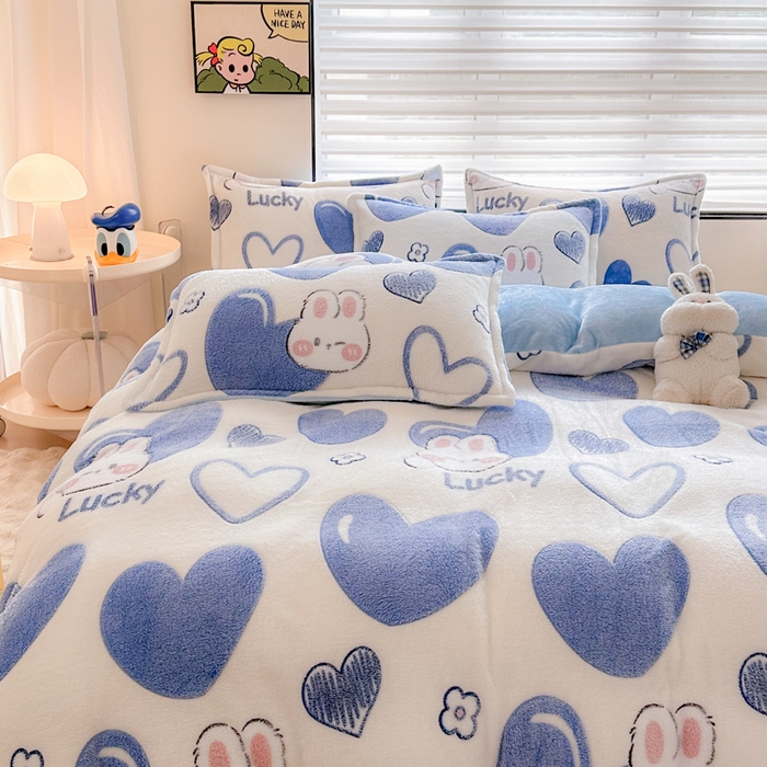 91家纺网 家纺一手货源 找家纺 美莱 2023爆款雪花绒四件套法莱绒牛奶绒被套量大价格优惠 爱心兔