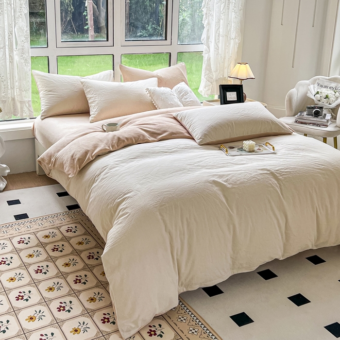 91家纺网 家纺一手货源 找家纺 柠萌家居 2023新款全棉色织水洗棉加牛奶绒四件套全棉拼牛奶绒 棉+绒-米极细条