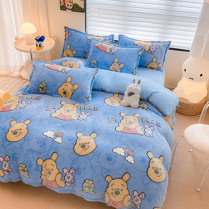 91家纺网 家纺一手货源 找家纺 美莱 2023爆款雪花绒四件套法莱绒牛奶绒被套量大价格优惠 维尼熊