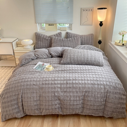 妖妖家纺 2023兔毛四件套-小玫瑰小格子 浅灰