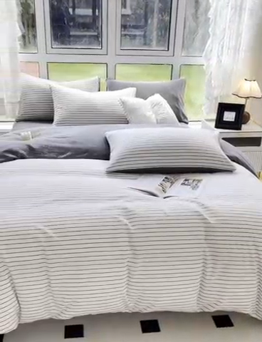 91家纺网 家纺一手货源 找家纺 柠萌家居 2023新款全棉色织水洗棉加牛奶绒四件套全棉拼牛奶绒 棉+绒-白细条