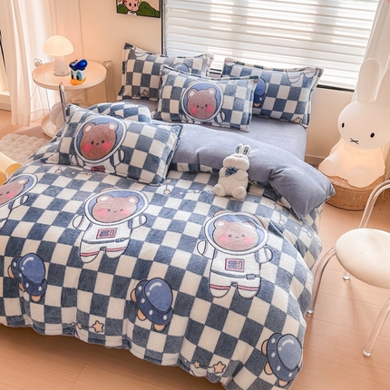 91家纺网 家纺一手货源 找家纺 美莱 2023爆款雪花绒四件套法莱绒牛奶绒被套量大价格优惠 太空熊