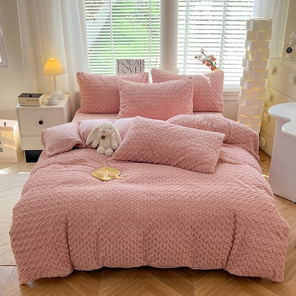 妖妖家纺 2023兔毛四件套-小玫瑰小格子 玫瑰珊瑚粉