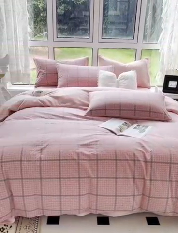 91家纺网 家纺一手货源 找家纺 柠萌家居 2023新款全棉色织水洗棉加牛奶绒四件套全棉拼牛奶绒 棉+绒-瓦尔粉