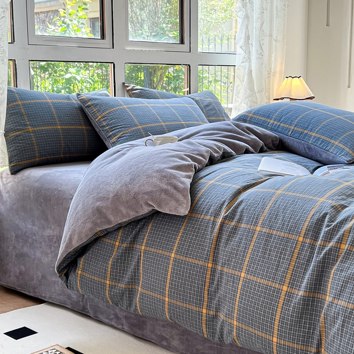 91家纺网 家纺一手货源 找家纺 柠萌家居 2023新款全棉色织水洗棉加牛奶绒四件套全棉拼牛奶绒 棉+绒-瓦尔灰