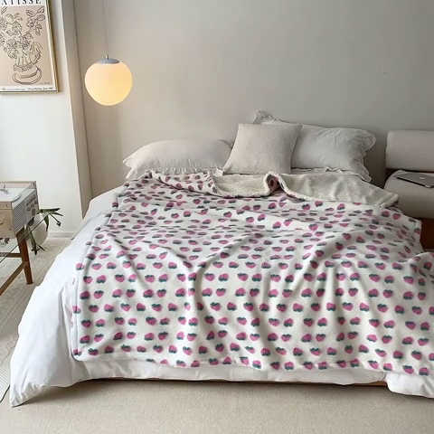 91家纺网 家纺一手货源 找家纺 萝莉家纺 2023新款韩国订货热销款羊毛绒毯 草莓